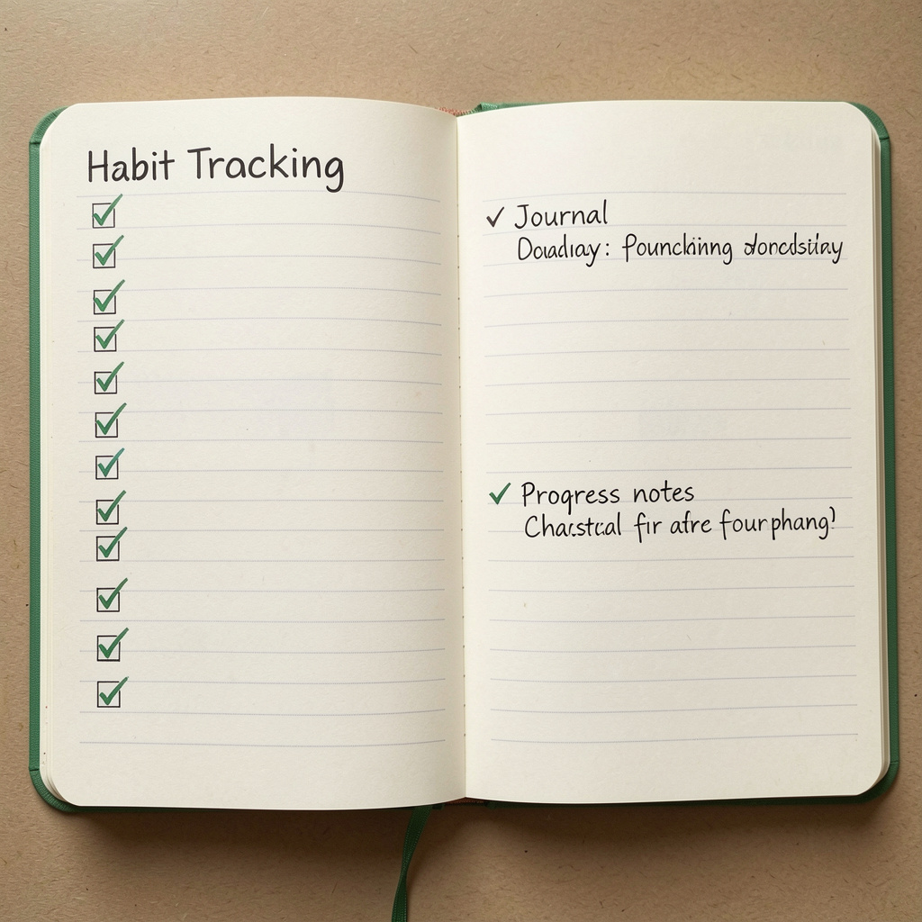 Habit tracking journal with daily checkmarks and progress notes