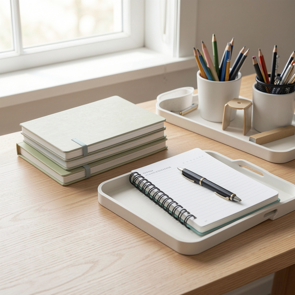 Morning routine setup with organized workspace and planning materials