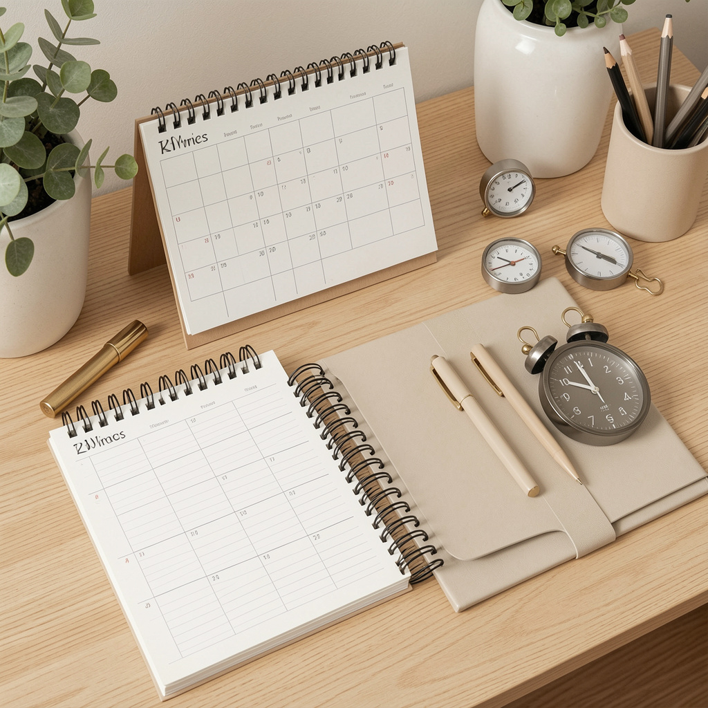 Organized desk with calendar, notebook and time management tools